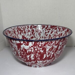 Vintage Red and White Enamel Ware Mottled Ware Metal Bowl, Farm Kitchen